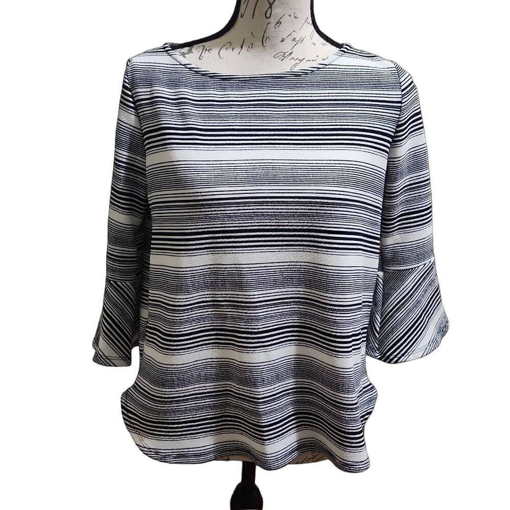 GREEN Envelope Ladies Black and White Striped Bell Sleeved Blouse - Size Large